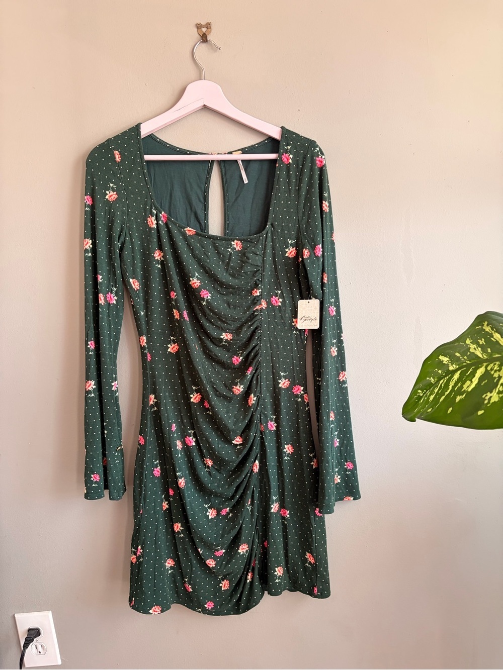 Free People Dark Green Floral Long-Sleeve Keyhole Mini Dress - Picture 4 of 9